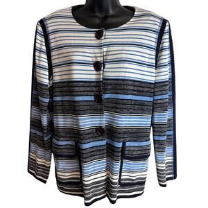 Misook Womens L Striped Knit Jacket Blue Black White Button Front Shoulder Pads